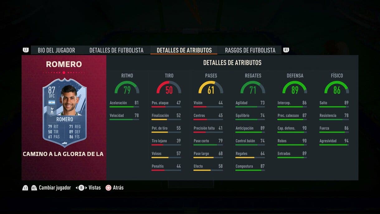 Stats in game Cristian Romero Path to Glory actualizado FIFA 23 Ultimate Team