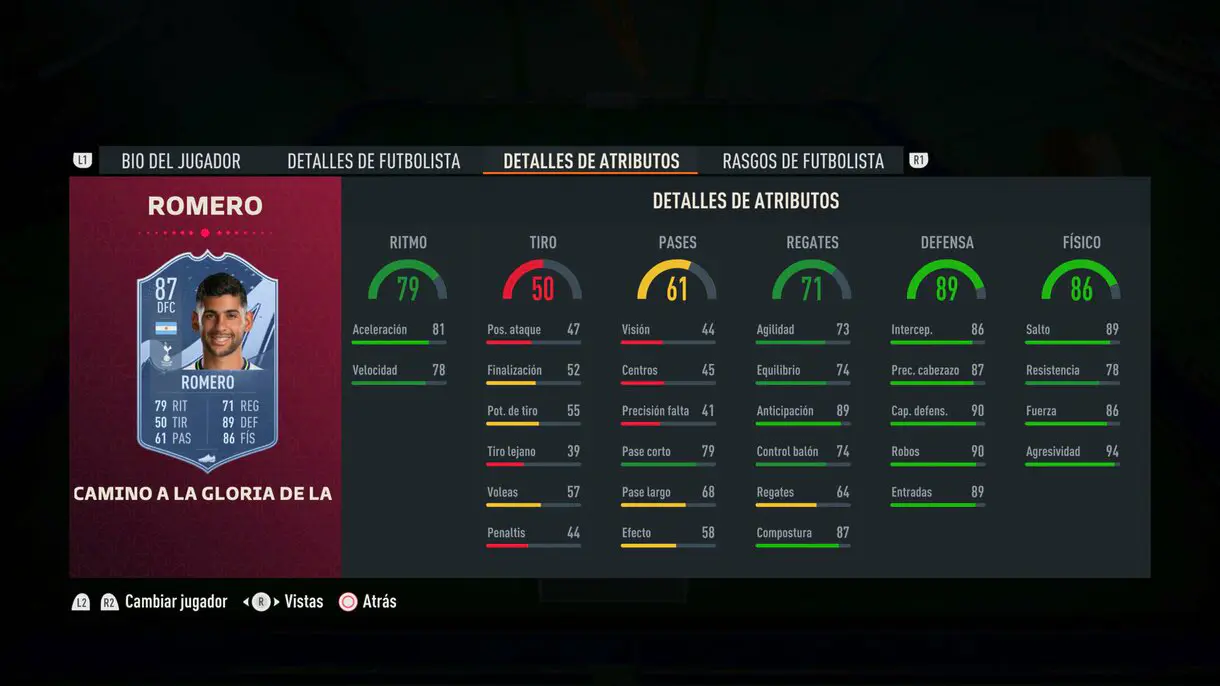Stats in game Cristian Romero Path to Glory actualizado FIFA 23 Ultimate Team