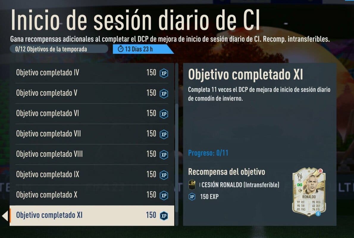 Objetivos Inicio de sesión diario de CI FIFA 23 Ultimate Team (mostrando a Ronaldo Icono Prime cedido como recompensa)