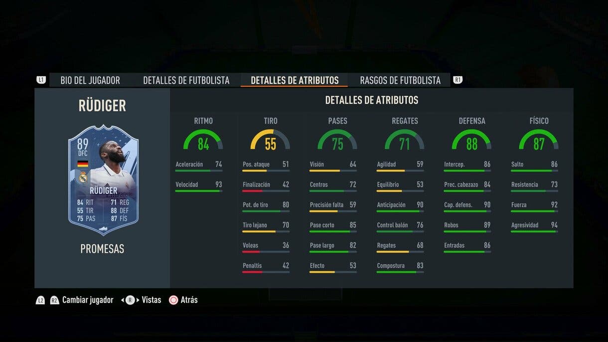 Stats in game Rüdiger OTW 89 FIFA 23 Ultimate Team