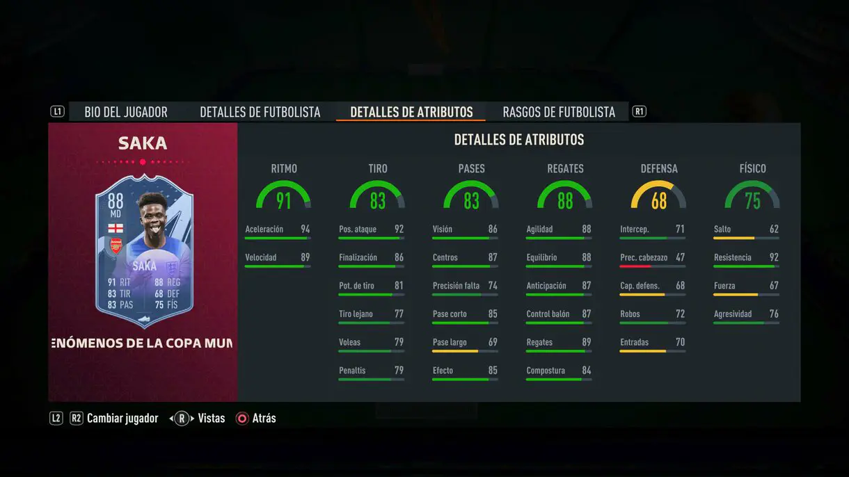 Stats in game Saka Fenómenos de la Copa Mundial FIFA 23 Ultimate Team