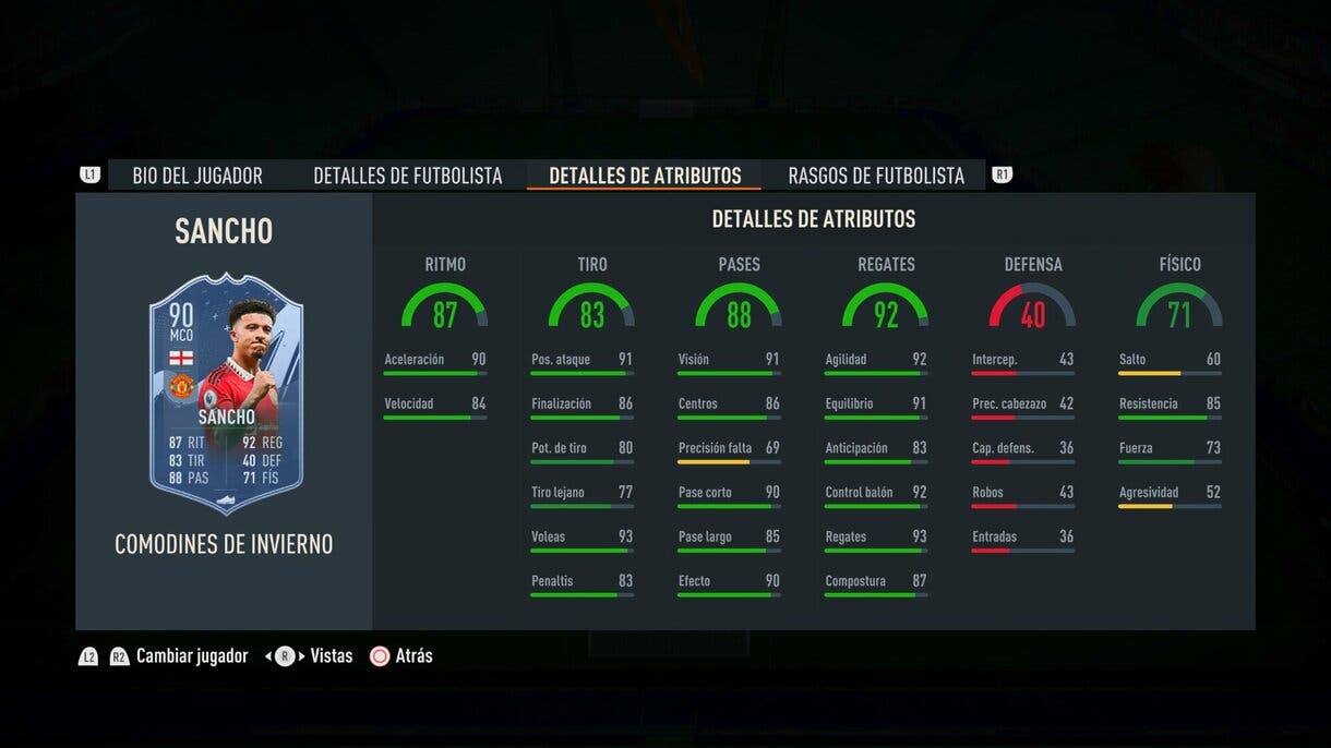 Stats in game Sancho Winter Wildcards FIFA 23 Ultimate Team