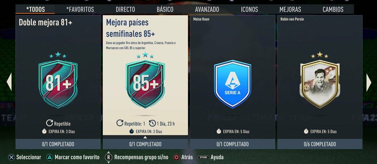 Menú SBC FIFA 23 Ultimate Team mostrando la descripción de "Mejora países semifinales 85+"