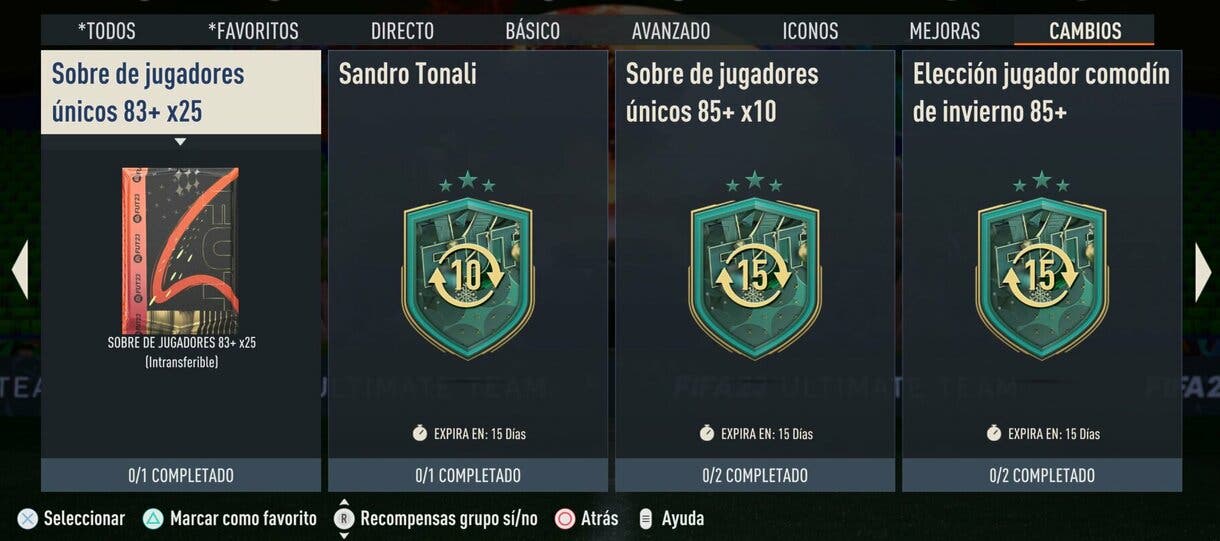 Menú SBC´s FIFA 23 Ultimate Team mostrando algunas recompensas Winter Wildcards Swaps