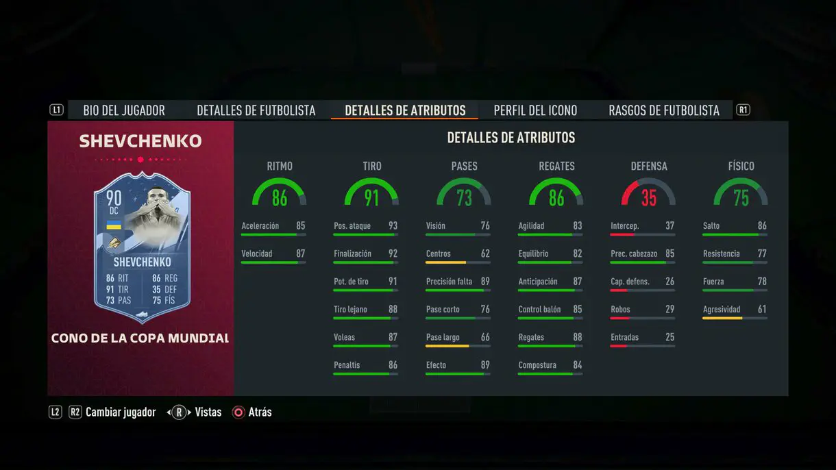 Stats in game Shevchenko Icono del Mundial FIFA 23 Ultimate Team