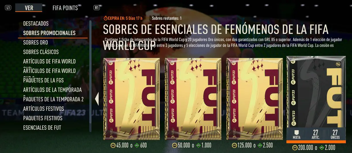 Tienda FIFA 23 Ultimate Team mostrando el Sobre de Esenciales de Fenómenos de la FIFA World Cup
