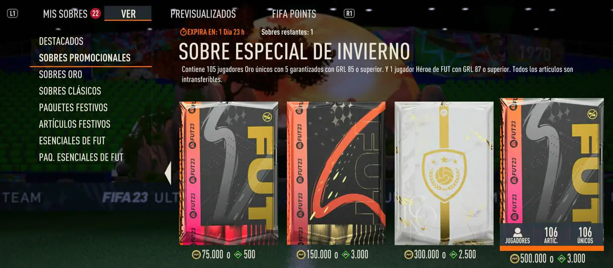 Apartado Sobres Promocionales tienda FIFA 23 Ultimate Team
