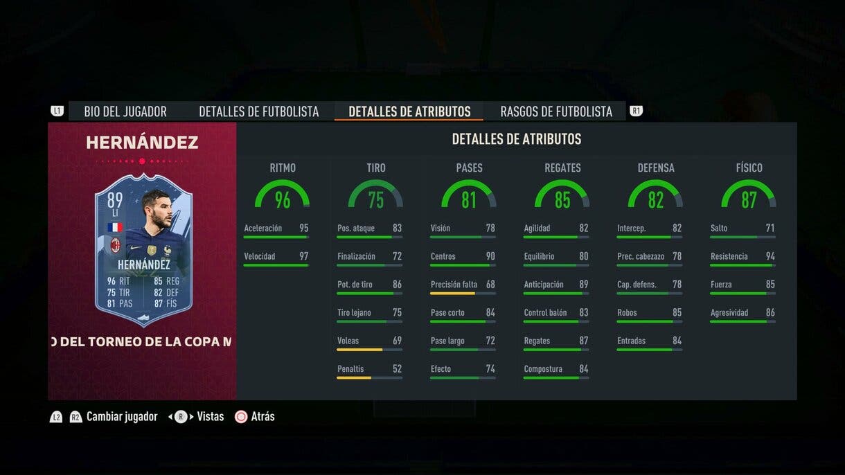 Stats in game Theo Hernández TOTT FIFA 23 Ultimate Team