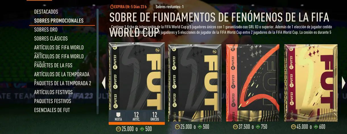 Tienda FIFA 23 Ultimate Team mostrando el Sobre de Fundamentos de Fenómenos de la FIFA World Cup