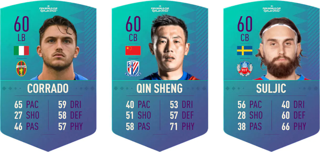 Cartas tokens World Cup Swaps Corrado, Qin Sheng y Suljic FIFA 23 Ultimate Team