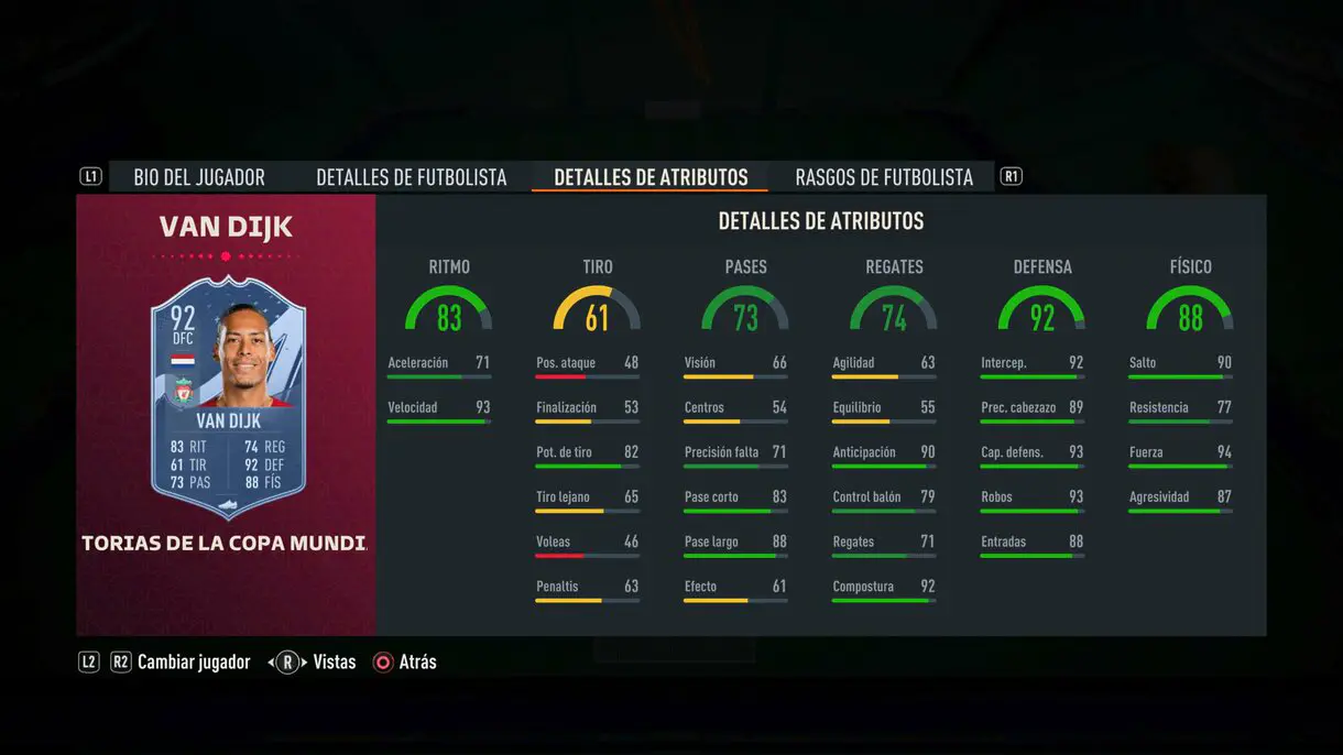 Stats in game Van Dijk FIFA World Cup Stories FIFA 23 Ultimate Team