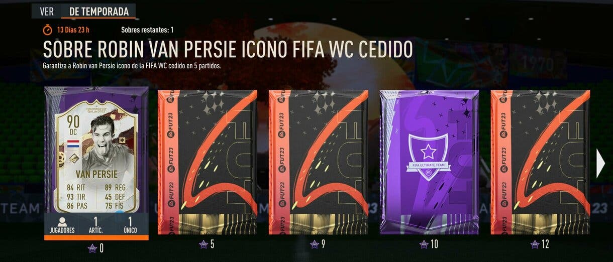 Tienda de FUT Moments mostrando el sobre de Van Persie Icono del Mundial FIFA 23 Ultimate Team
