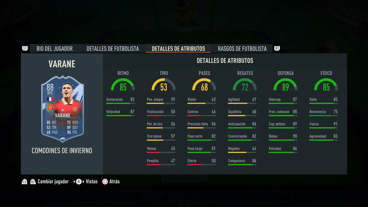 Stats in game Varane Winter Wildcards FIFA 23 Ultimate Team