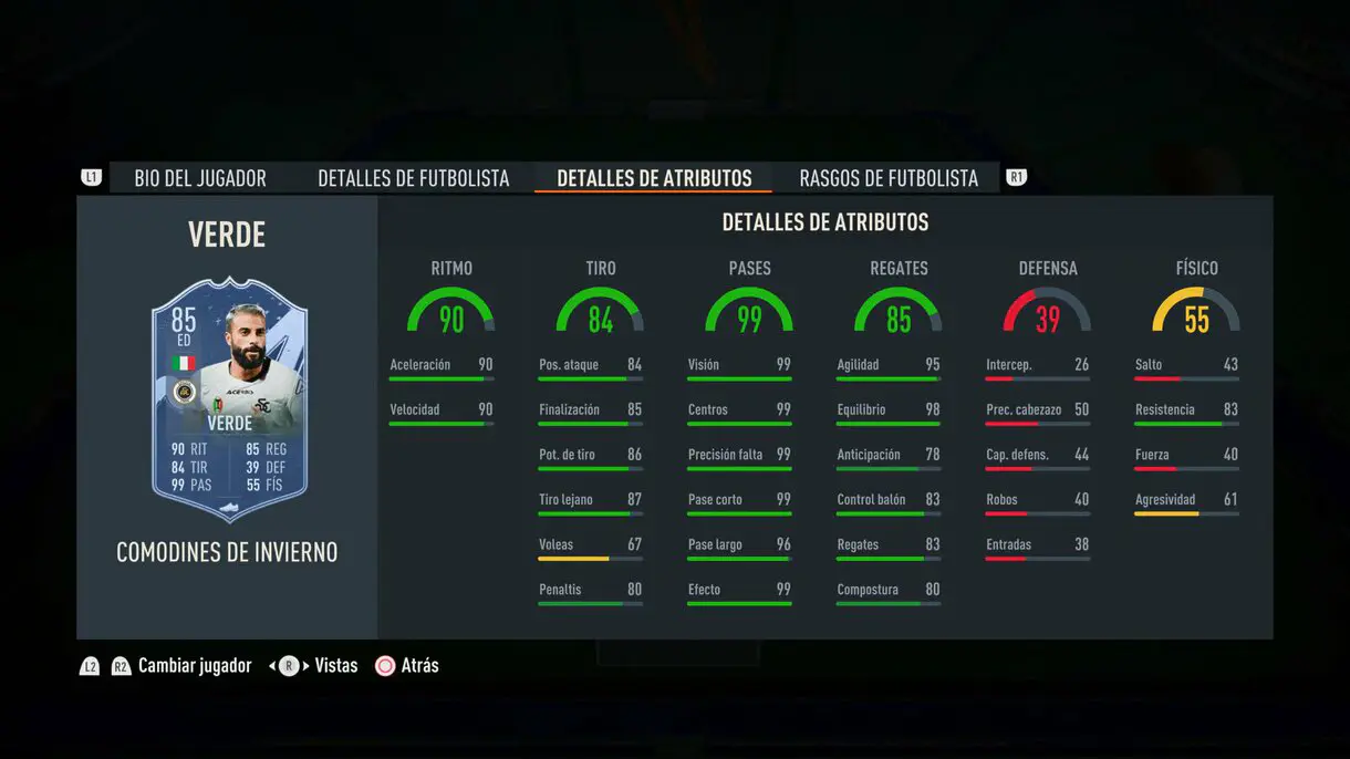 Stats in game Verde Winter Wildcards FIFA 23 Ultimate Team