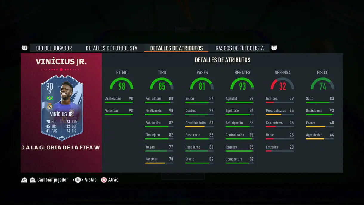 Stats in game Vinícius Path to Glory 90 FIFA 23 Ultimate Team