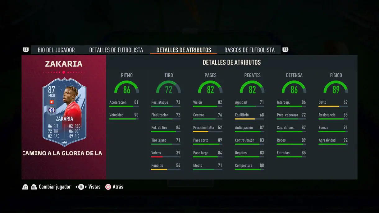 Stats in game Zakaria Path to Glory actualizado FIFA 23 Ultimate Team