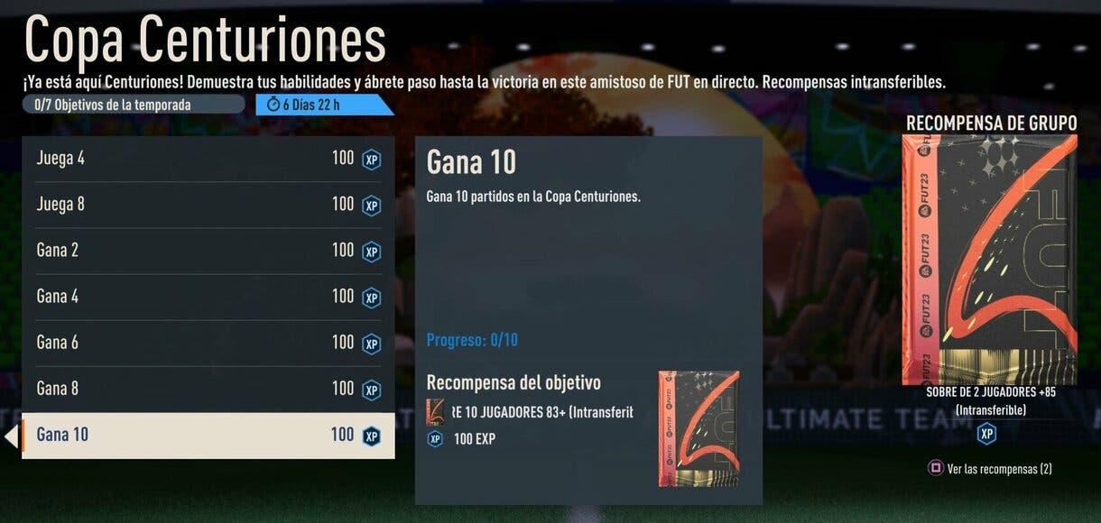 Información objetivo "Gana 10" de "Copa Centuriones" FIFA 23 Ultimate Team