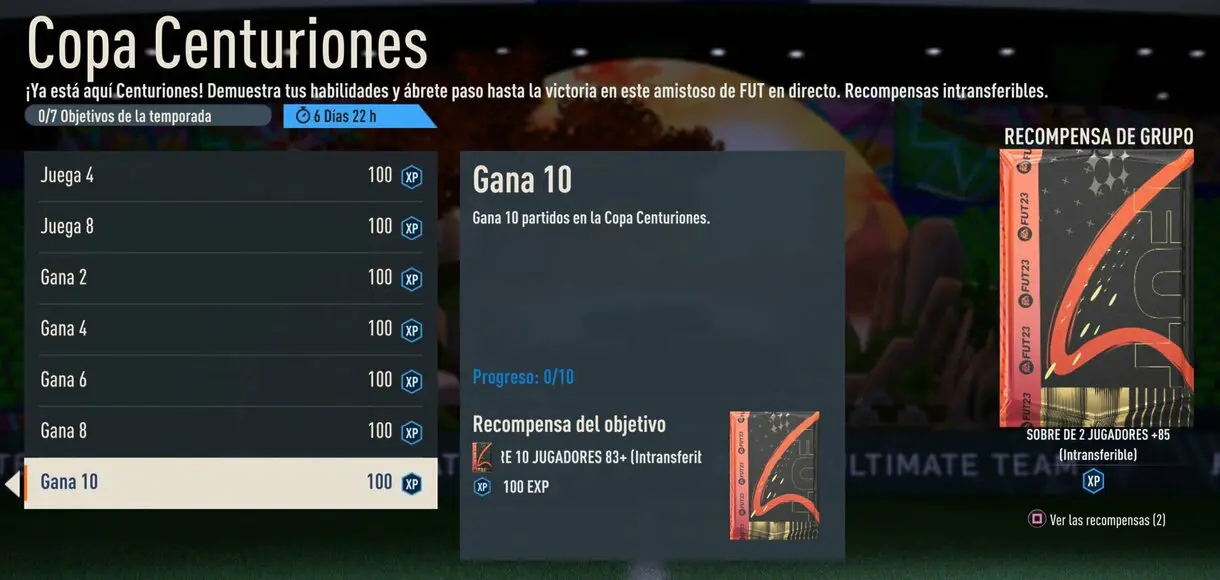 Información objetivo "Gana 10" de "Copa Centuriones" FIFA 23 Ultimate Team