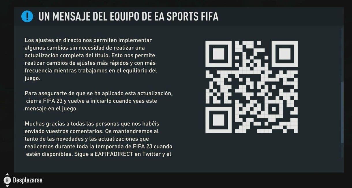 Mensaje avisando de los cambios de los quintos Ajustes en directo dentro de FIFA 23