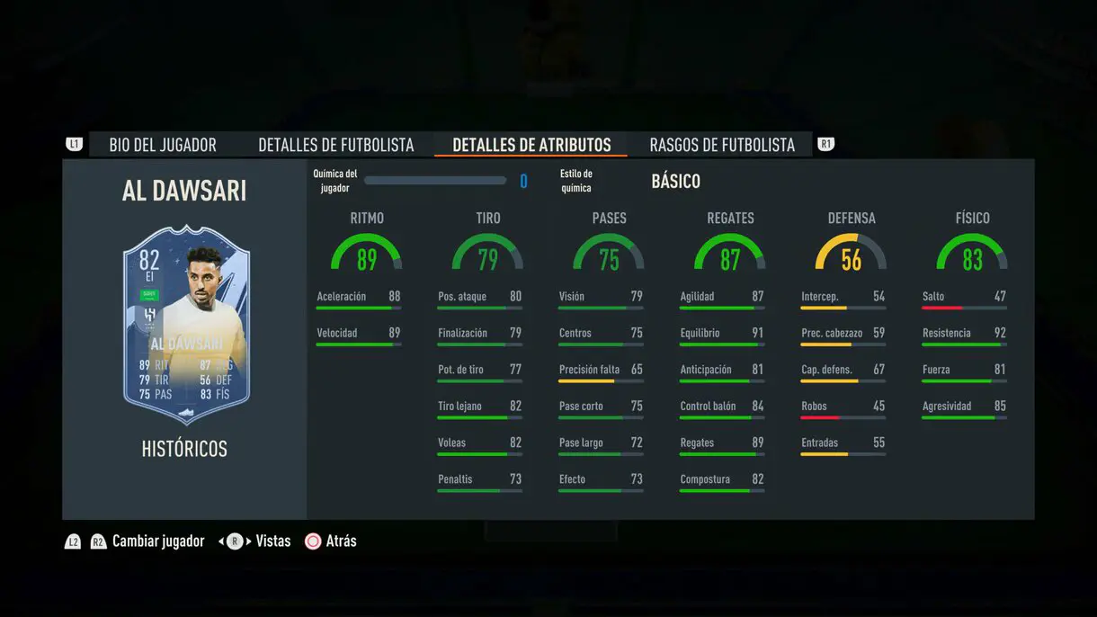 Stats in game Al Dawsari Históricos 82 FIFA 23 Ultimate Team