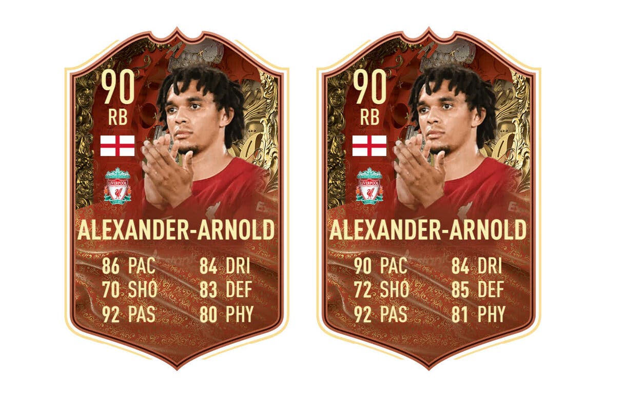 Cartas Alexander-Arnold Centurions FIFA 23 Ultimate Team antes y después de corregir el error