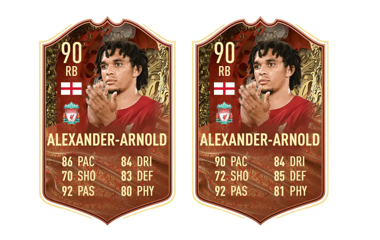 Cartas Alexander-Arnold Centurions FIFA 23 Ultimate Team antes y después de corregir el error