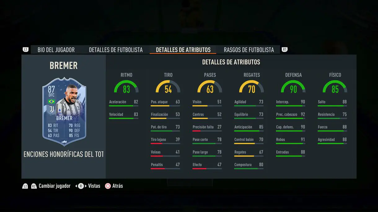 Stats in game Bremer Menciones Honoríficas del TOTY FIFA 23 Ultimate Team