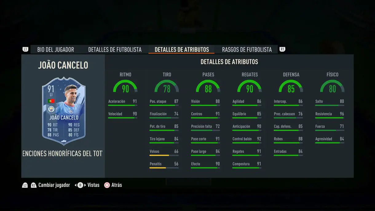 Stats in game Joao Cancelo Menciones Honoríficas del TOTY FIFA 23 Ultimate Team