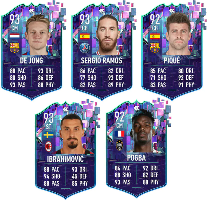 Cartas Flashback ficticias (con el diseño de FIFA 23) creadas para De Jong, Sergio Ramos, Piqué, Ibrahimovic y Pogba