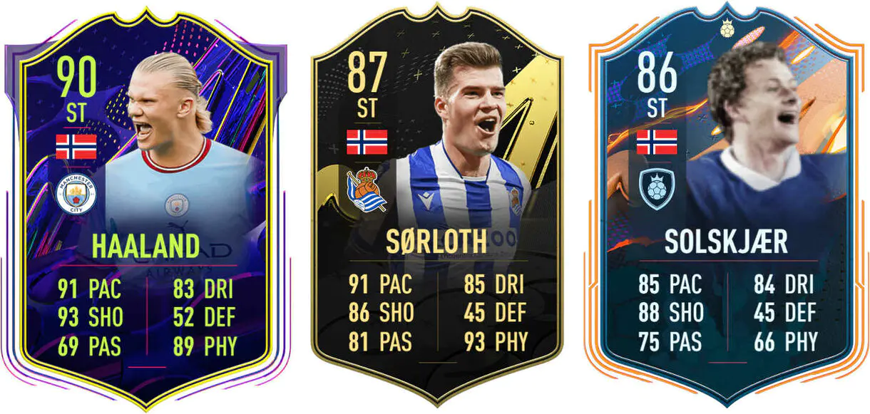 Cartas Haaland OT, Sorloth SIF y Solskjaer FUT Heroes (Noruega) FIFA 23 Ultimate Team