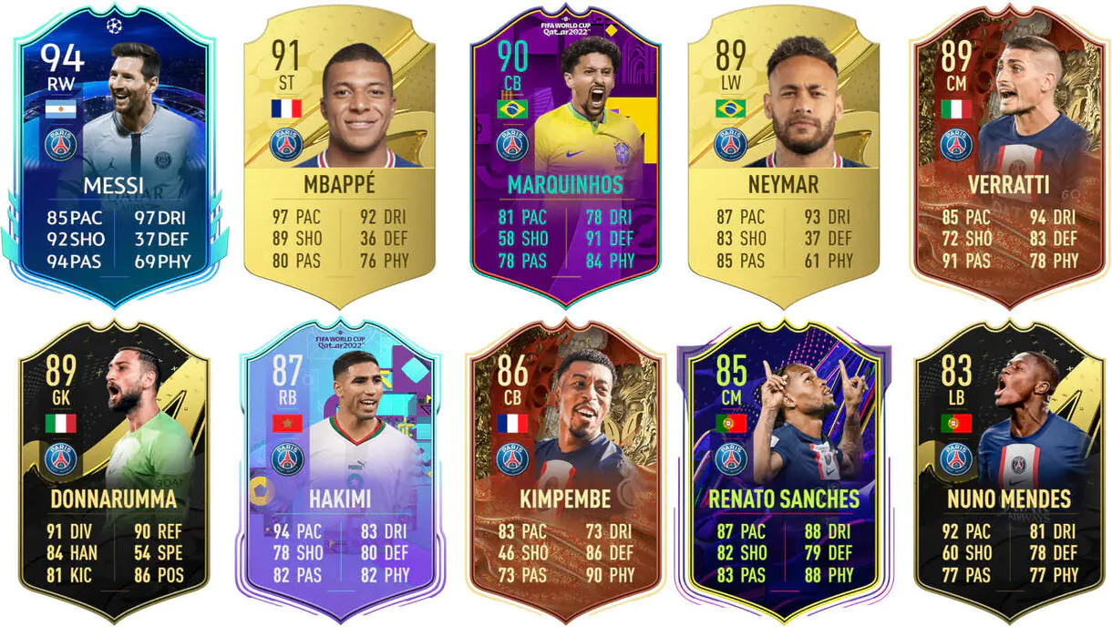Ejemplos cartas competitivas PSG FIFA 23 Ultimate Team