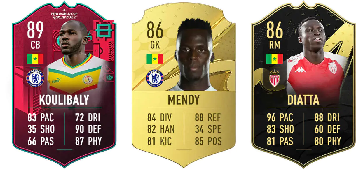 Cartas Koulibaly Path to Glory, Mendy oro y Diatta IF (Senegal) FIFA 23 Ultimate Team