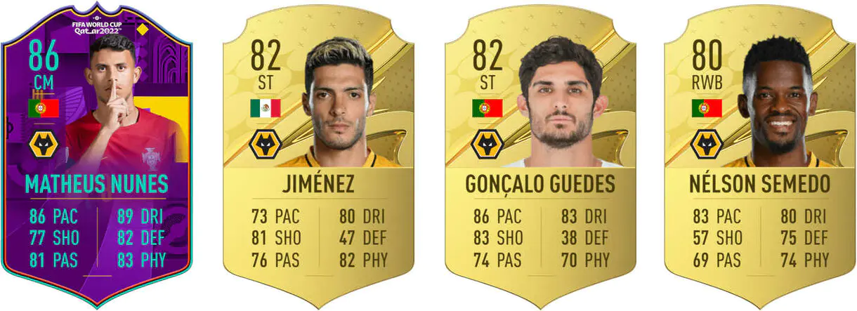 Cartas Nunes RTFWC y oros Jiménez, Guedes y Semedo (Wolves) FIFA 23 Ultimate Team