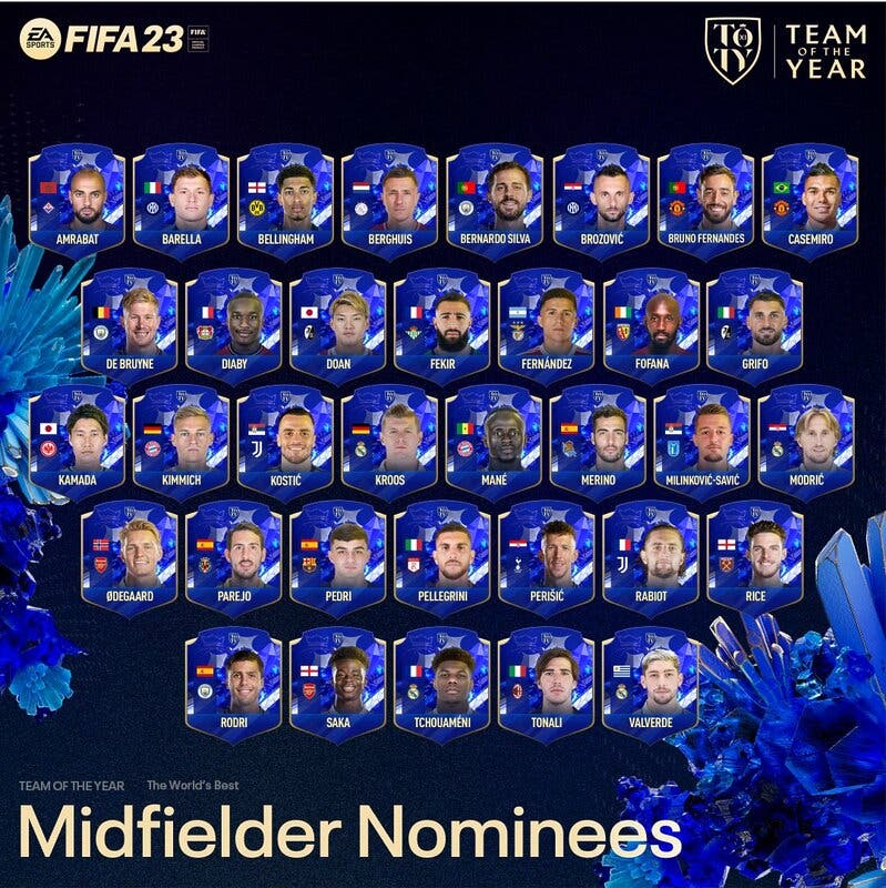 Cartas nominados al TOTY FIFA 23 en formato pequeño de todos los centrocampistas candidatos