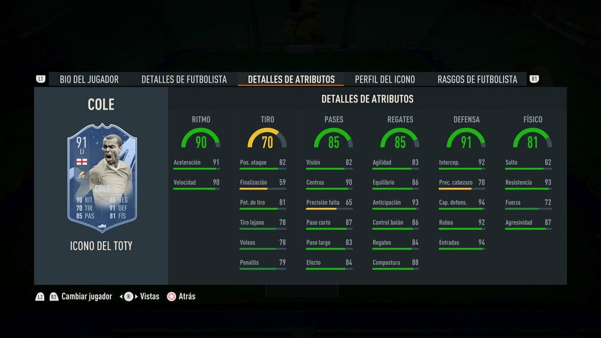 Stats in game Cole Icono del TOTY FIFA 23 Ultimate Team