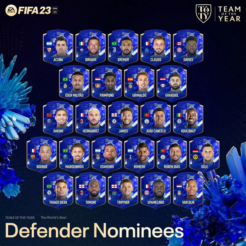 Cartas nominados al TOTY FIFA 23 en formato pequeño de todos los defensores candidatos