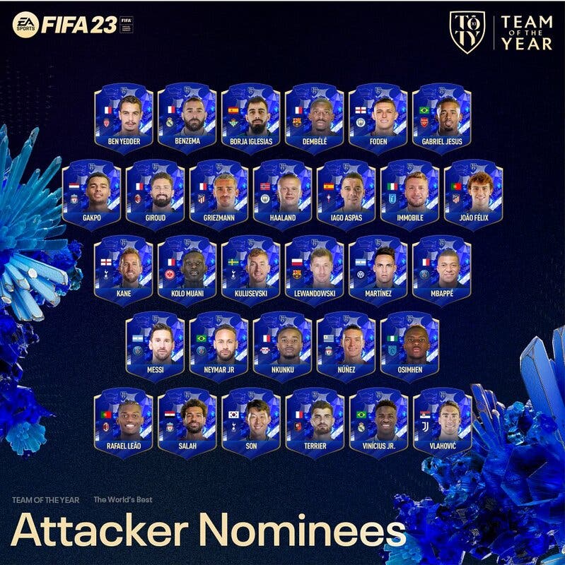 Cartas nominados al TOTY FIFA 23 en formato pequeño de todos los delanteros candidatos
