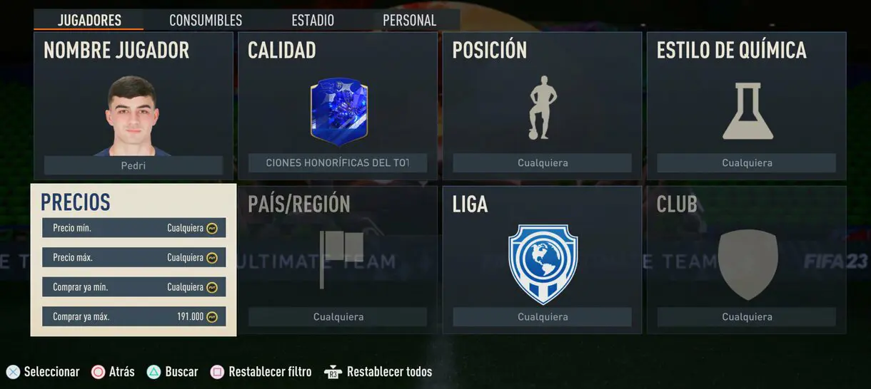 Búsqueda mercado de fichajes FIFA 23 Ultimate Team ejemplo filtro de Pedri y Menciones Honoríficas