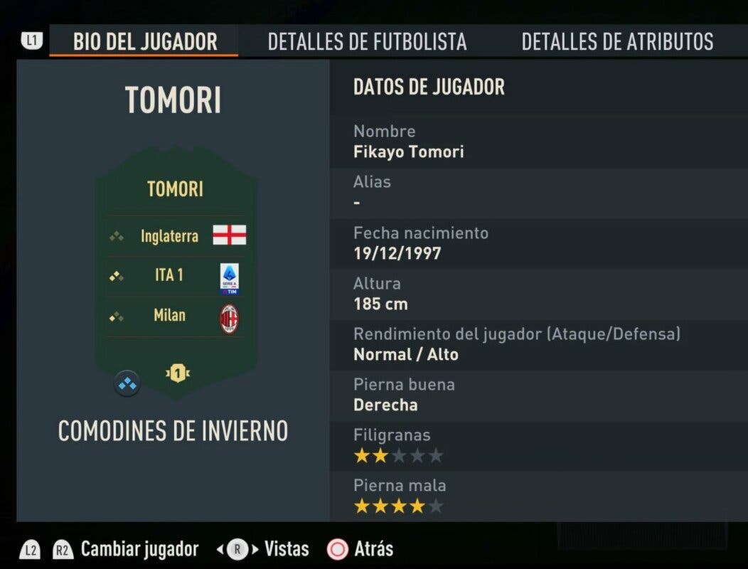 Bio del jugador de Tomori Winter Wildcards FIFA 23 Ultimate Team mostrando el logo de primer propietario