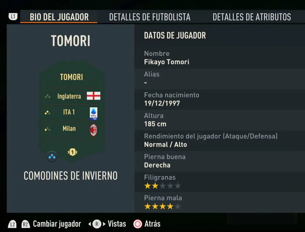 Bio del jugador de Tomori Winter Wildcards FIFA 23 Ultimate Team mostrando el logo de primer propietario