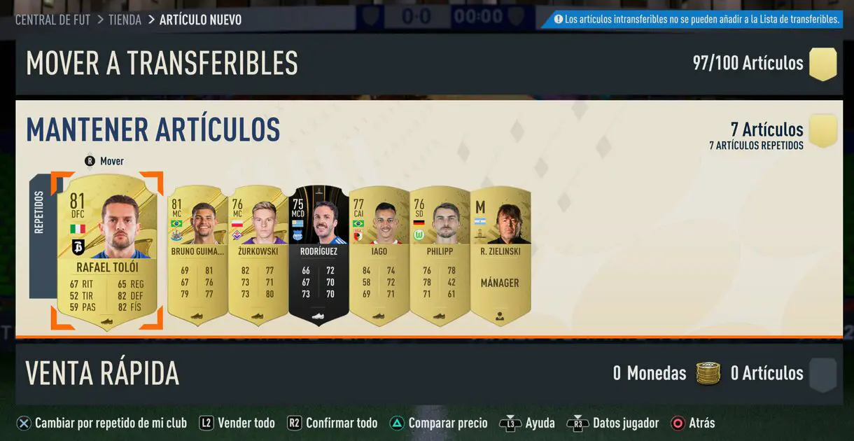 Ejemplo sobre FIFA 23 Ultimate Team con algunas cartas repetidas