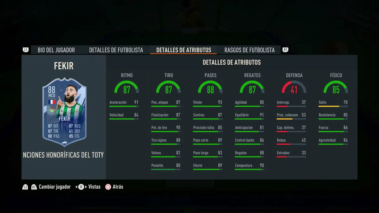 Stats in game Fekir Menciones Honoríficas del TOTY FIFA 23 Ultimate Team