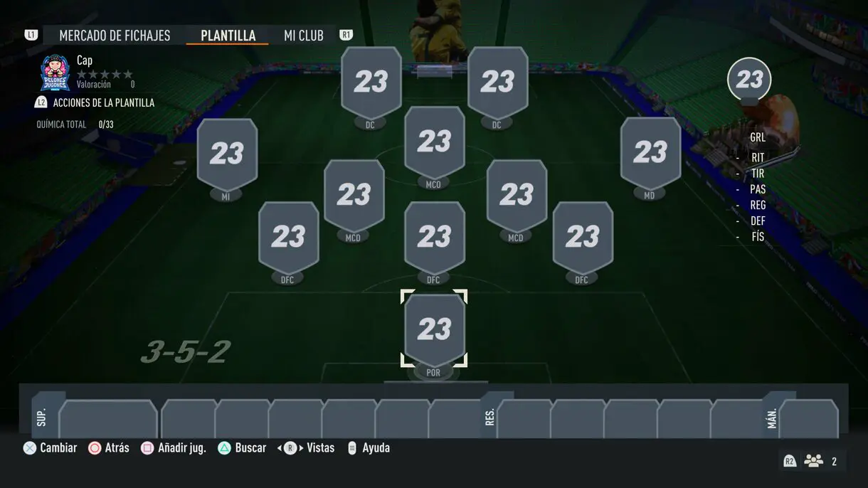 Plantilla FIFA 23 Ultimate Team sin jugadores con la formación 3-5-2
