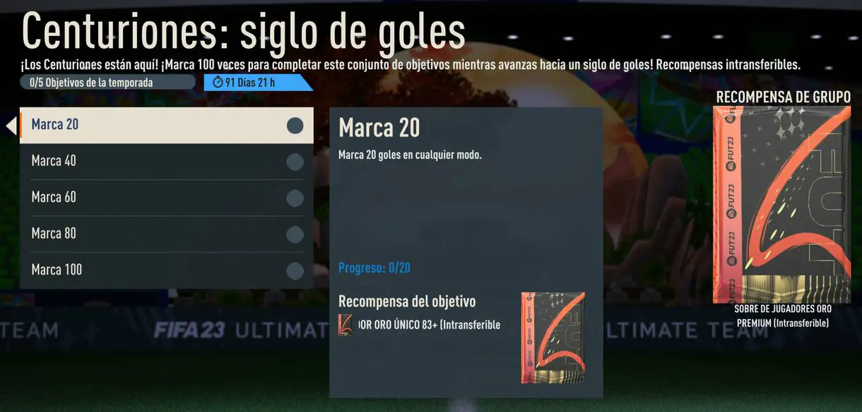 Hitos "Centuriones: siglo de goles" FIFA 23 Ultimate Team con el contador de goles a cero