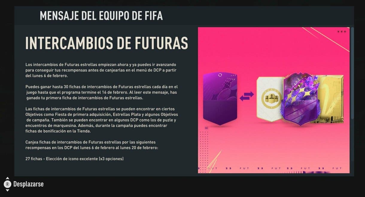Mensaje avisando del inicio de Intercambios de Futuras estrellas FIFA 23 Ultimate Team