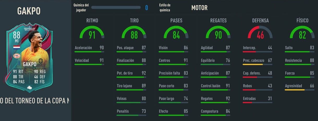Stats in game Gakpo TOTT FIFA 23 Ultimate Team