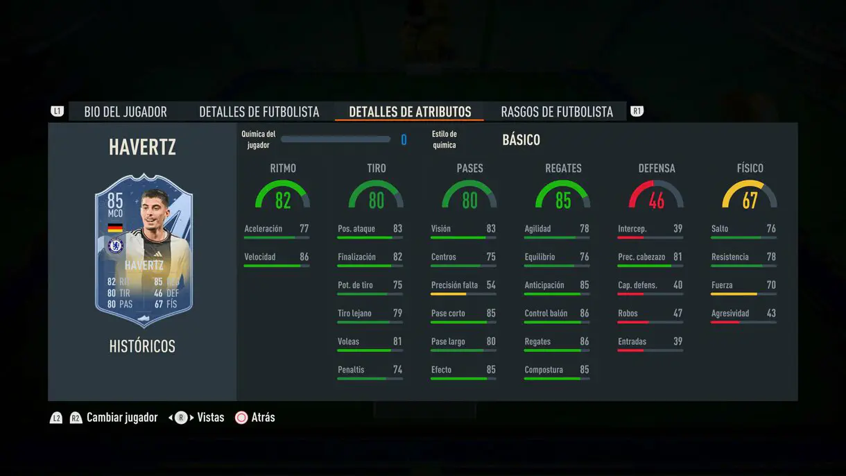 Stats in game Havertz Históricos 85 FIFA 23 Ultimate Team