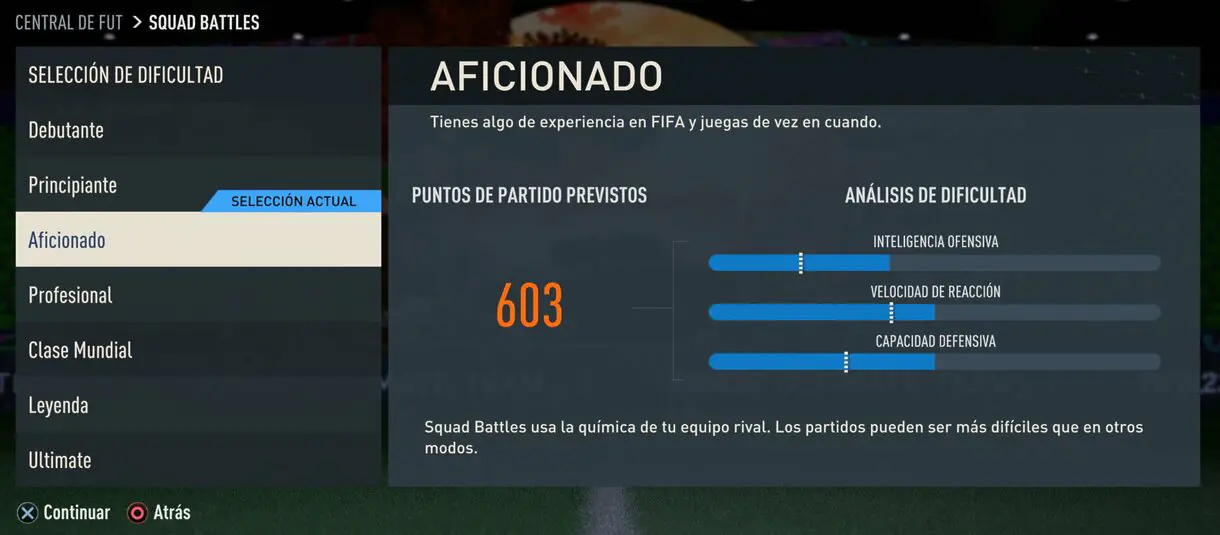 Selector de dificultad previo a partido de Squad Battles FIFA 23 Ultimate Team
