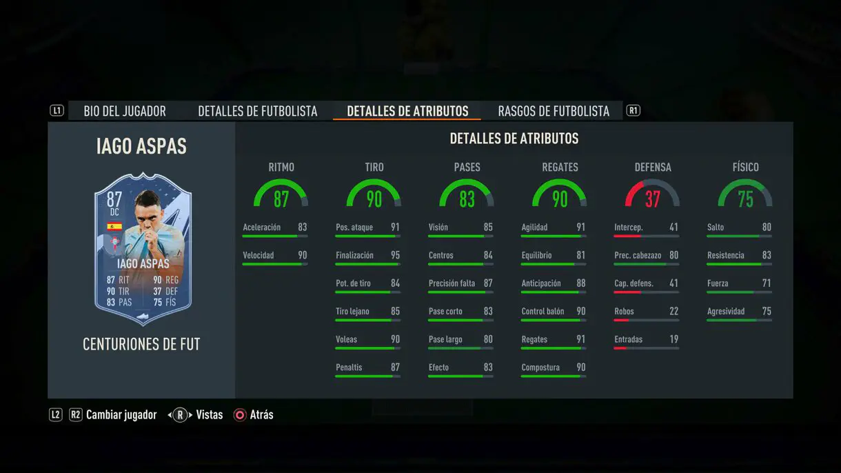 Stats in game Iago Aspas Centurions FIFA 23 Ultimate Team