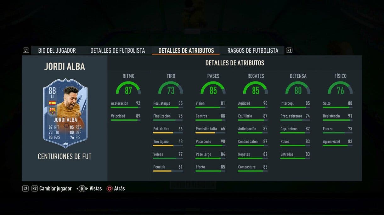 Stats in game Jordi Alba Centurions FIFA 23 Ultimate Team